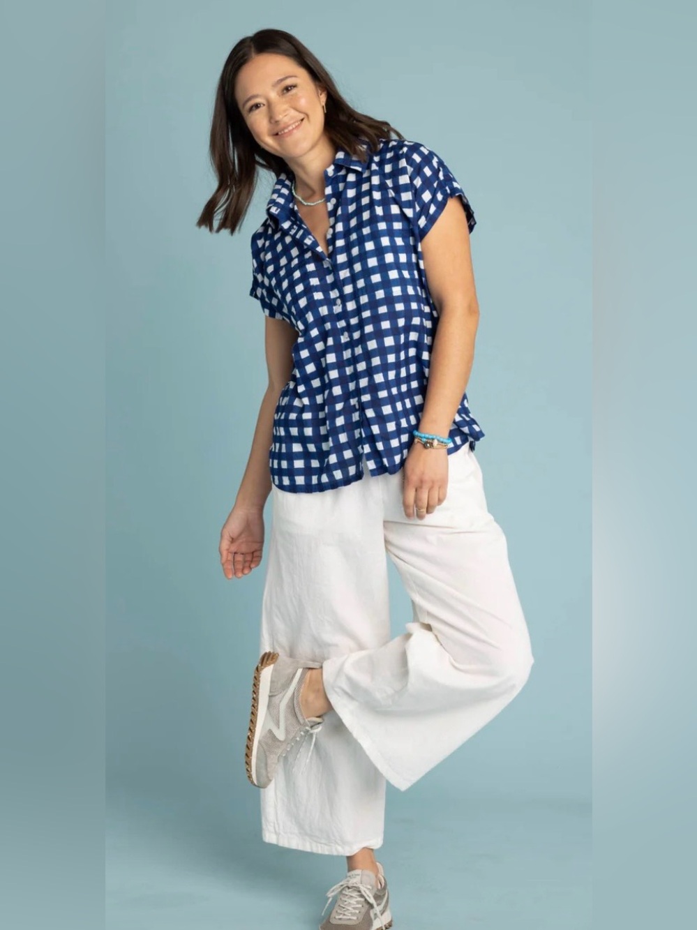 Blue Button-Down Boyfriend Gingham Short-Sleeve Shirt